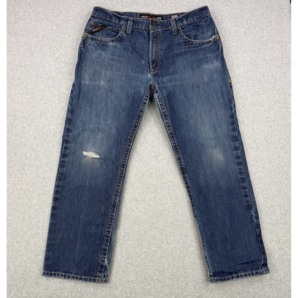 Ariat Jeans Mens Fits 36x29 Blue‎ M3 Flame Resistant Cat 2 Straight Distressed